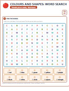 First page of Colours and Shapes: Word Search, A1 worksheet