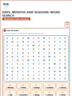 First page of Days, Months and Seasons: Word Search, A1 worksheet