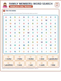 First page of Family Members: Word Search, A1 worksheet