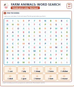 First page of Farm Animals: Word Search, A1 worksheet