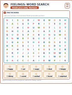 First page of Feelings: Word Search, A1 worksheet