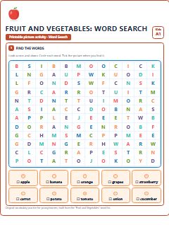 First page of Fruit and Vegetables: Word Search, A1 worksheet