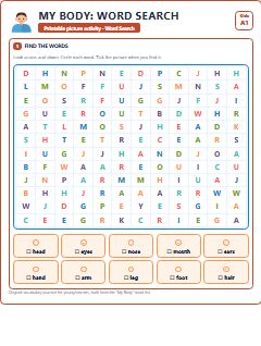First page of My Body: Word Search, A1 worksheet