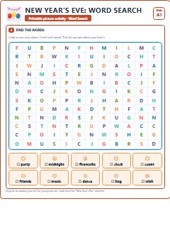 First page of New Year’s Eve: Word Search, A1 worksheet