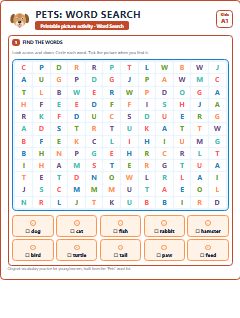 First page of Pets: Word Search, A1 worksheet