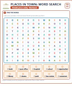 First page of Places in Town: Word Search, A1 worksheet