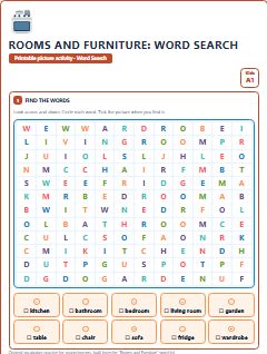 First page of Rooms and Furniture: Word Search, A1 worksheet