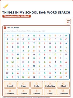 First page of Things in My School Bag: Word Search, A1 worksheet