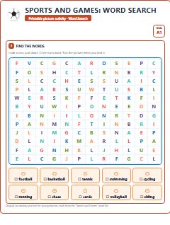 First page of Sports and Games: Word Search, A1 worksheet