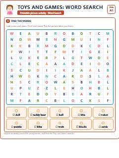 First page of Toys and Games: Word Search, A1 worksheet