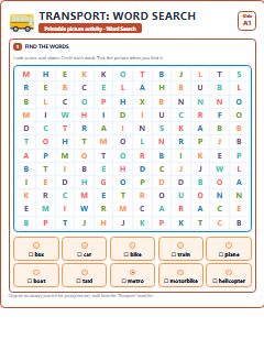 First page of Transport: Word Search, A1 worksheet