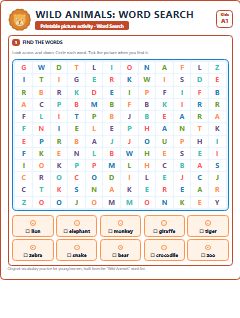 First page of Wild Animals: Word Search, A1 worksheet