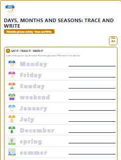 First page of Days, Months and Seasons: Trace and Write, A1 worksheet