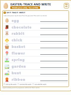 First page of Easter: Trace and Write, A1 worksheet