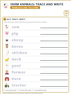 First page of Farm Animals: Trace and Write, A1 worksheet