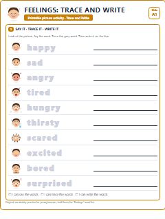 First page of Feelings: Trace and Write, A1 worksheet
