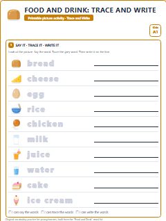First page of Food and Drink: Trace and Write, A1 worksheet