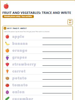 First page of Fruit and Vegetables: Trace and Write, A1 worksheet