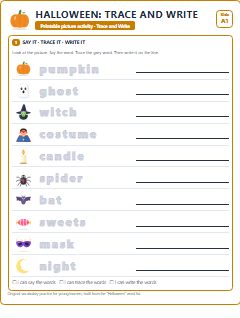First page of Halloween: Trace and Write, A1 worksheet