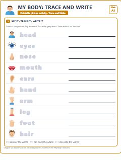 First page of My Body: Trace and Write, A1 worksheet