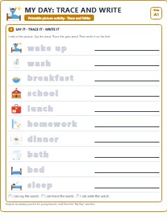 First page of My Day: Trace and Write, A1 worksheet