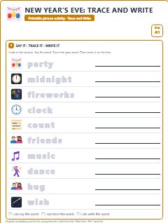 First page of New Year’s Eve: Trace and Write, A1 worksheet
