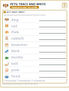 First page of Pets: Trace and Write, A1 worksheet