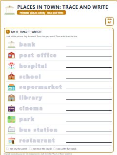 First page of Places in Town: Trace and Write, A1 worksheet