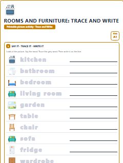 First page of Rooms and Furniture: Trace and Write, A1 worksheet