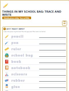 First page of Things in My School Bag: Trace and Write, A1 worksheet