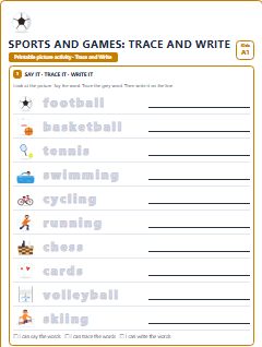 First page of Sports and Games: Trace and Write, A1 worksheet