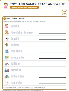 First page of Toys and Games: Trace and Write, A1 worksheet