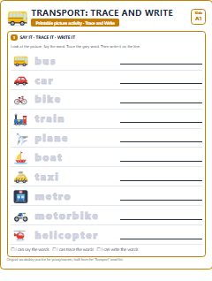 First page of Transport: Trace and Write, A1 worksheet