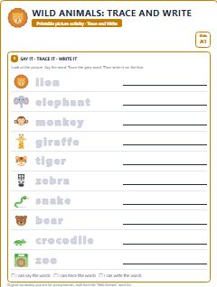 First page of Wild Animals: Trace and Write, A1 worksheet