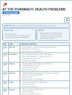 First page of At the Pharmacy: Health Problems, A2 lesson plan