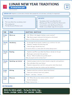 First page of Lunar New Year Traditions, A2 lesson plan
