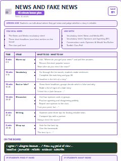 First page of News and Fake News, B1 lesson plan