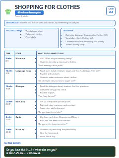First page of Shopping for Clothes, A2 lesson plan