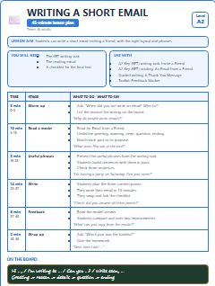 First page of Writing a Short Email, A2 lesson plan