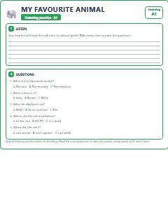First page of Listening: My Favourite Animal, A1 listening task