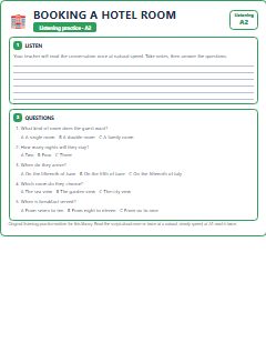 First page of Listening: Booking a Hotel Room, A2 listening task
