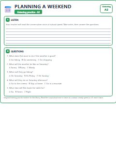First page of Listening: Planning a Weekend, A2 listening task