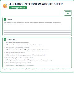 First page of Listening: A Radio Interview About Sleep, B1 listening task