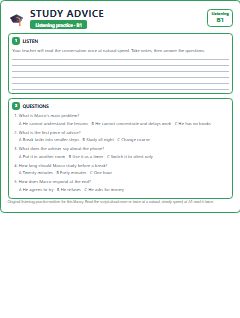 First page of Listening: Study Advice, B1 listening task