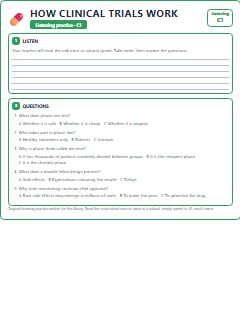 First page of Listening: How Clinical Trials Work, C1 listening task