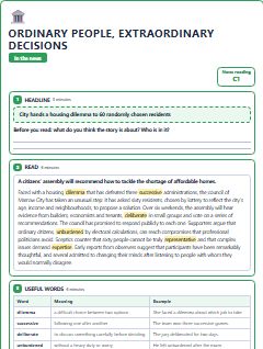 First page of In the News: Ordinary People, Extraordinary Decisions, C1 reading text