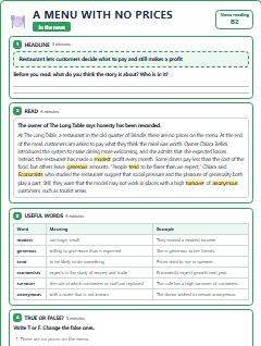 First page of In the News: A Menu with No Prices, B2 reading text