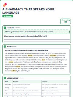 First page of In the News: A Pharmacy That Speaks Your Language, B2 reading text