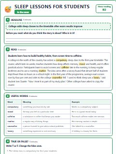 First page of In the News: Sleep Lessons for Students, B2 reading text