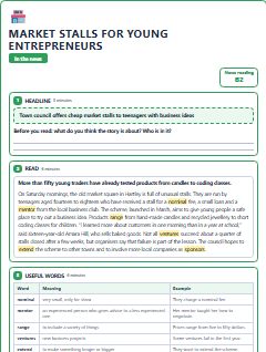 First page of In the News: Market Stalls for Young Entrepreneurs, B2 reading text